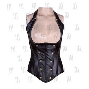 Premium Dark Brown Leather Underbust Halter Corset with Removable Flap